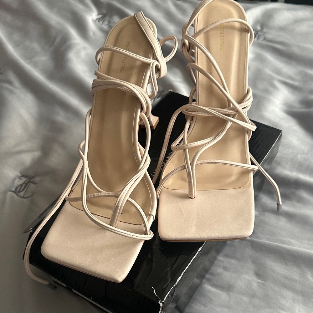 PrettyLittleThing Cream Strappy Heels